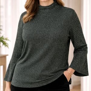 Banana Republic Gold Metallic Mock Neck Ribbed Bell Sleeve Top XXL NWT $100